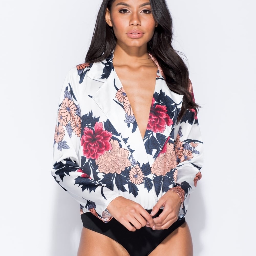 Satin Long Sleeve Floral Bodysuit
